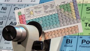 Symbolfoto/ Schülermikroskop mit einem Periodensystem